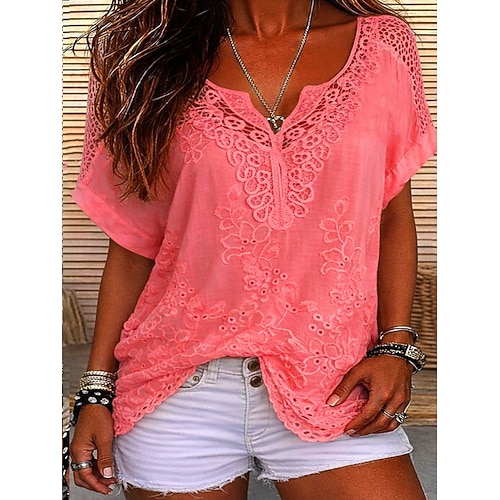 Damen Bluse Spitze Einfarbig Stilvoll Lässig Kurzarm V Ausschnitt Normale Oberteile Täglich Blau Schwarz Weiß Orange Grau Sommer Frühling Herbst Image