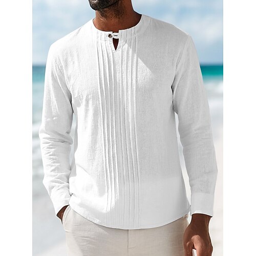 Herren Hemd Leinenhemd Sommerhemd Strandhemd Einfarbig Urlaub Ferien Blau Schwarz Weiß Khaki Langarm Mandarinkragen Frühling Sommer Bekleidung Gerafft Image