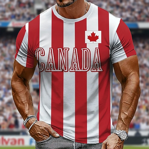 Fußball-WM 2026, kanadische Nationalmannschaft, rot-weiße Längsstreifen, Kanada-Schriftzug, lässiges Herren-Kurzarmshirt mit Allover-Print, figurbetont, ideal für Fans am Spieltag, Designer-Kleidung, Image