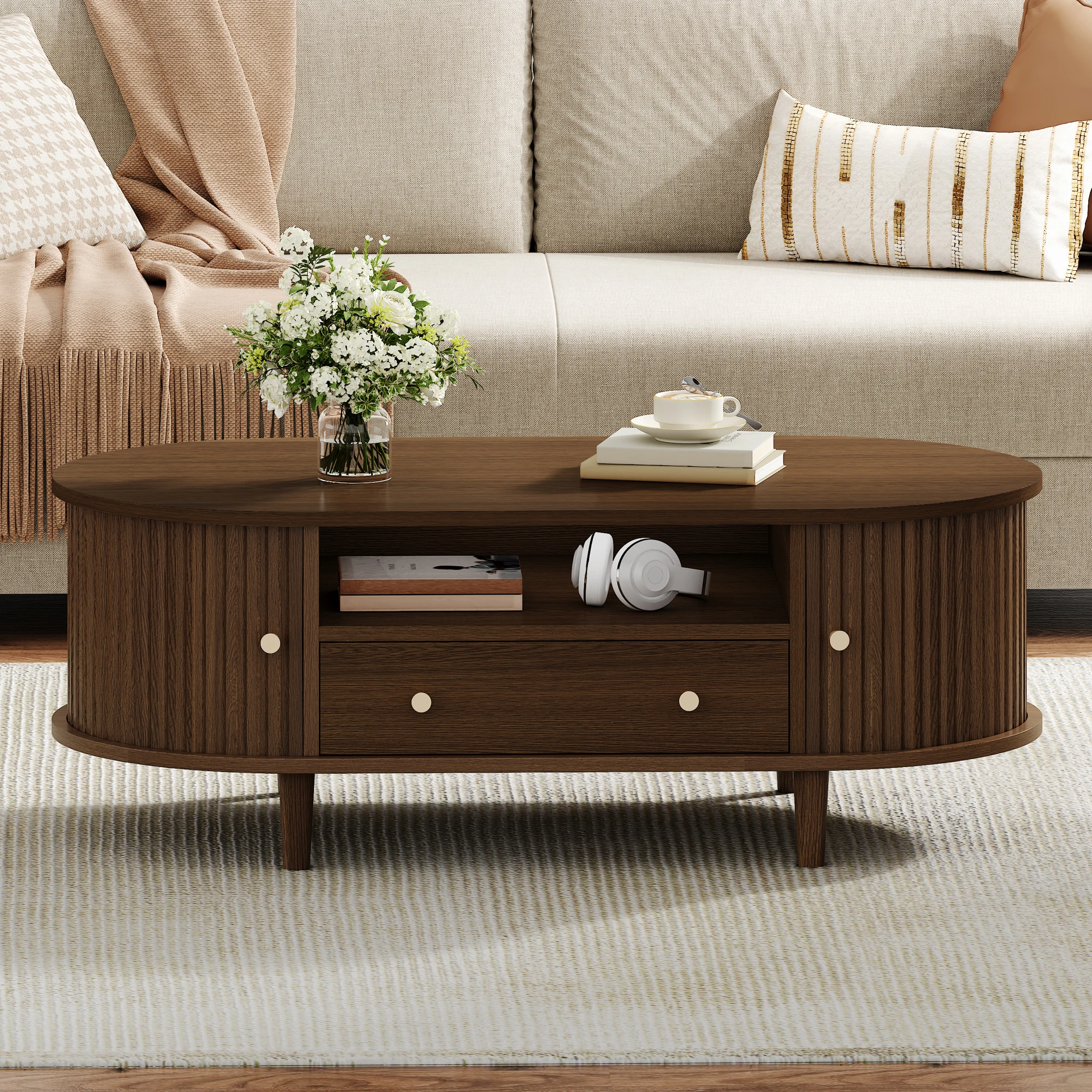 Ovaler Couchtisch 100×50×36 cm mit Schublade & offenem Stauraum, Rolltür, MDF Walnussoptik, stabiler Sofatisch