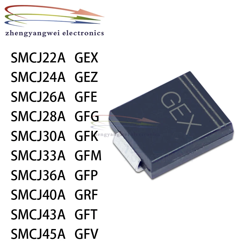 20 Stück SMD SMCJ22A GEX SMCJ24A SMCJ26A GFE SMCJ28A SMCJ30A SMCJ33A SMCJ36A SMCJ40A SMCJ43A GFV Transient Suppression Diode TVS Image