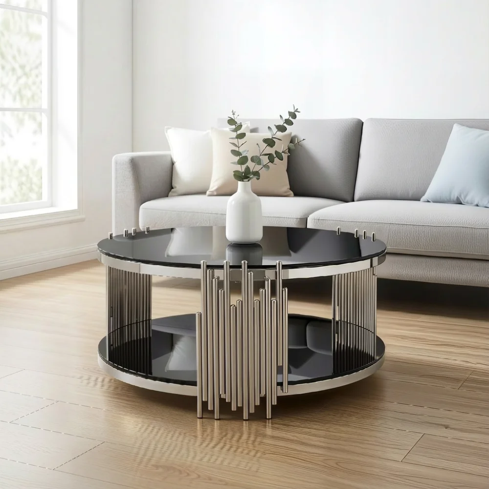 80cm Moderner Runder Schwarzer Glas-Couchtisch Doppelschichtige Glasplatte Luxuriöser Beistelltisch mit Silberner Stahlbasis Image