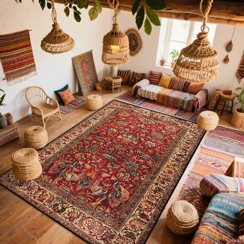 VIKAMA Teppich im böhmischen Stil, persische Nationaldekoration, Heimsofateppich, Wohnzimmer, Schlafzimmer, rutschfeste, verschleißfeste Matte Image