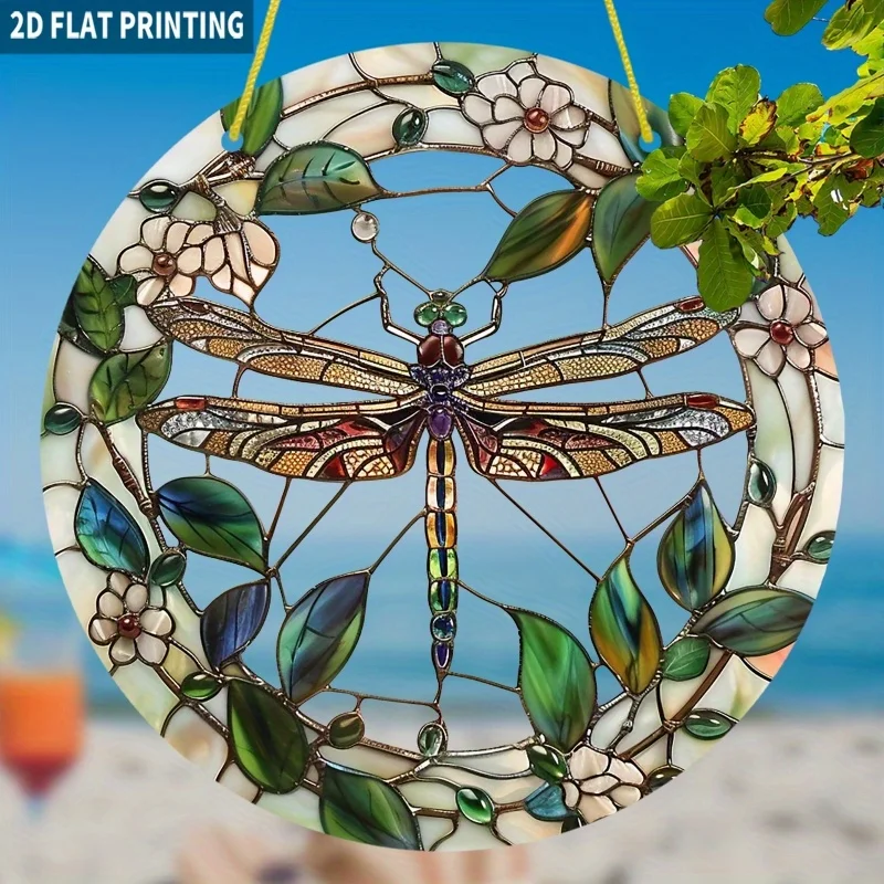 Acrylmalerei Eleganter Libellen-Sonnenschutz für Fenster, 2D Flache Bunte Libelle mit Weißen Blumen & Grün