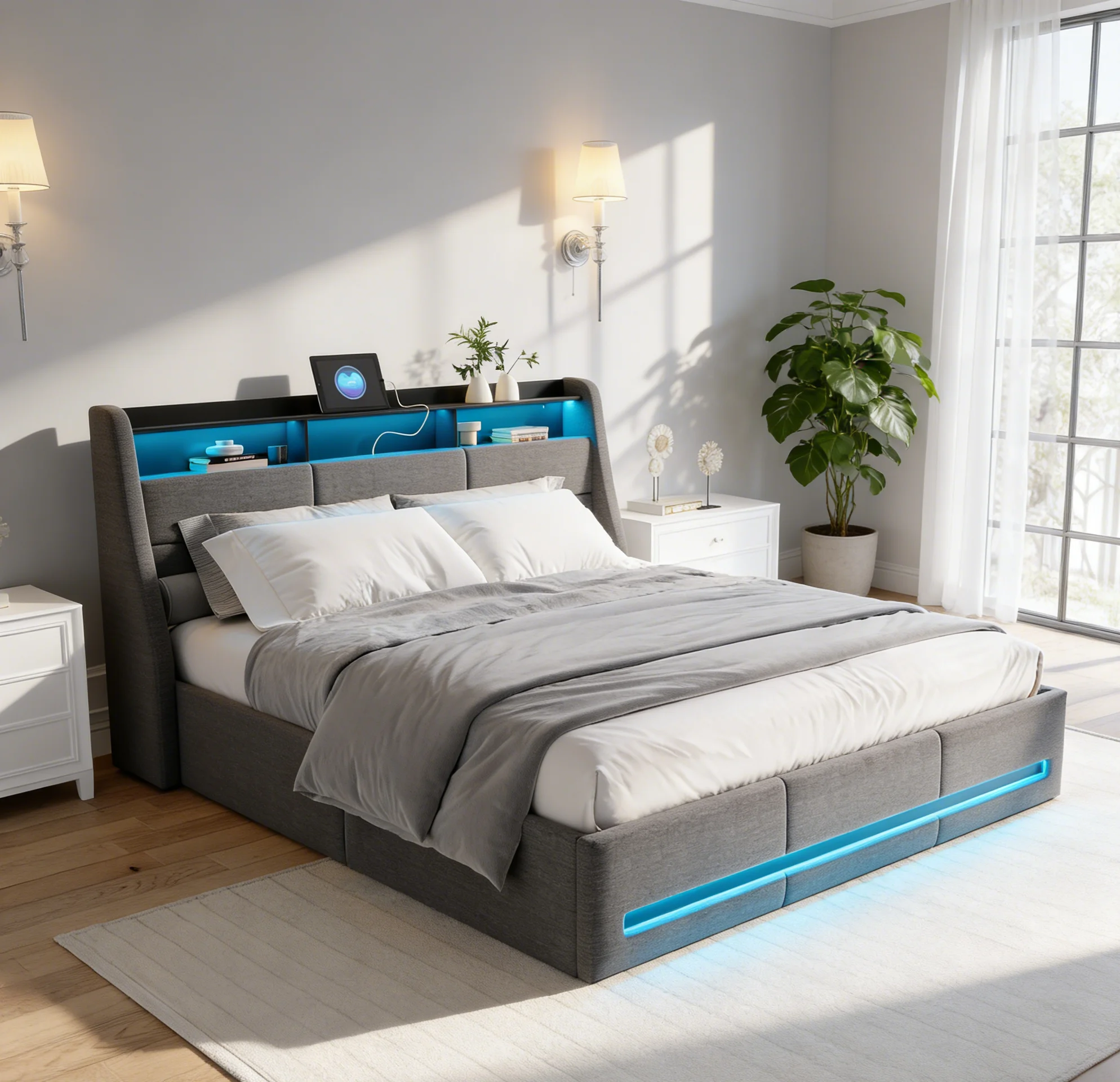 Gepolstertes Doppelbett, Luftdruckbett, mit Stauraum, Kopfteil mit LED-Beleuchtung und USB-Ladefunktion, Leinenstoff Image