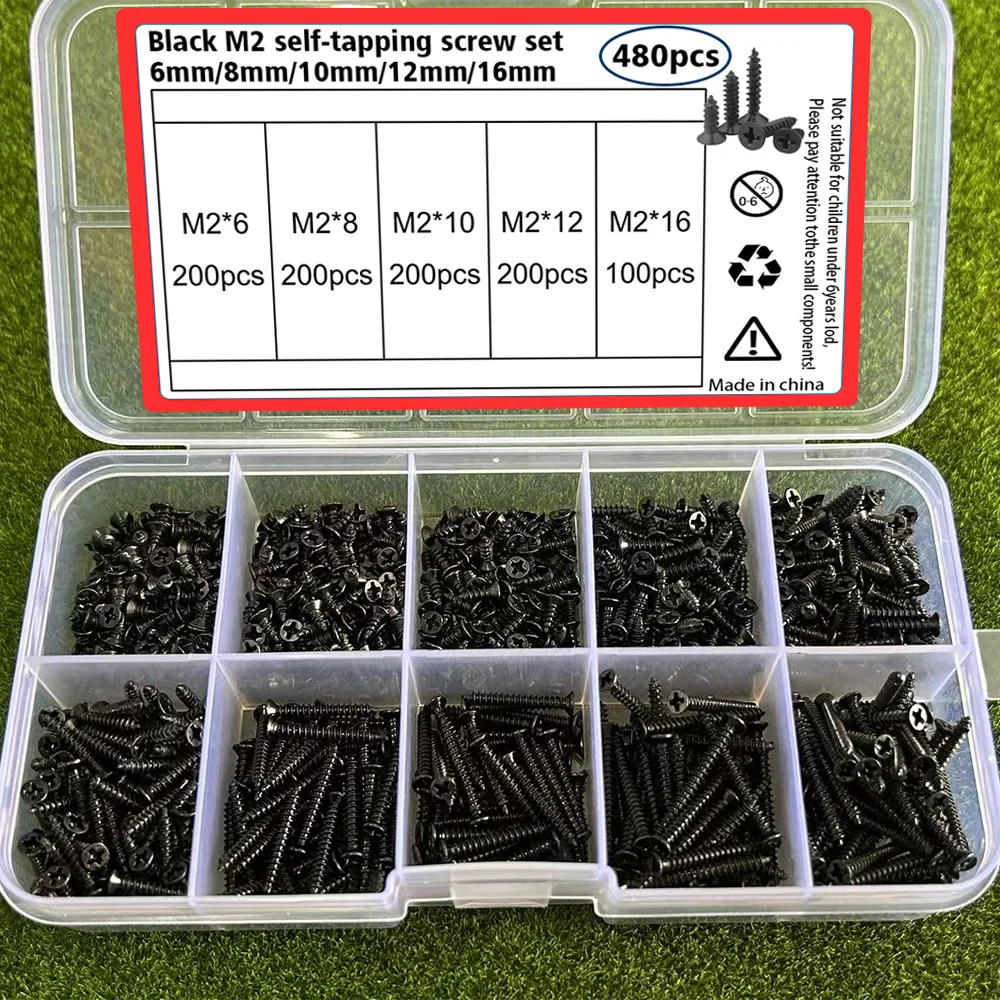 900-teiliges schwarzes M2 Miniatur-Blechschraubenset, Längen 6mm, 8mm, 10mm, 12mm, 16mm, zum Anschrauben von Holz- und Metallschrauben Image