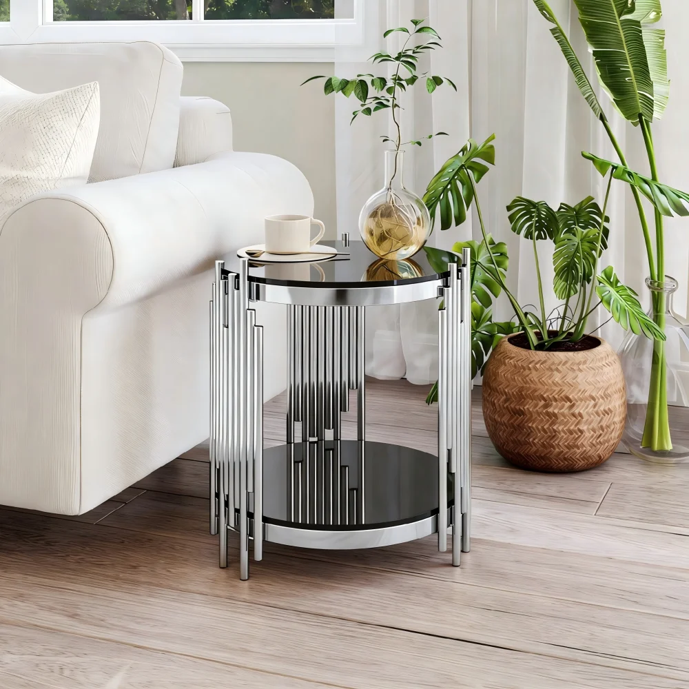 Runder Glas-Beistelltisch Silberner Edelstahlrahmen 6mm Gehärtetes Glas Couchtisch Wohnzimmer Schlafzimmer Balkon Einfache Montage