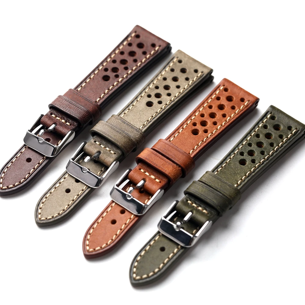 Handgefertigtes Pueblo-Armband aus italienischem Rindsleder, belüftetes Design, 18, 20, 21, 22 mm, Grün, Braun, Grau, ultradünnes Herrenarmband Image