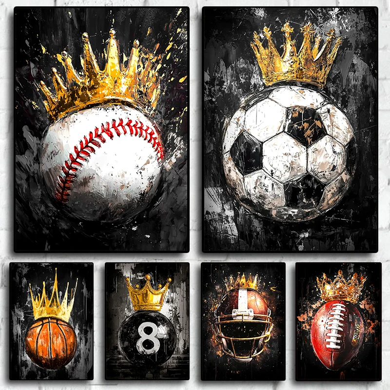 1 Stück rahmenloses Leinwand-Poster Fußball Basketball Baseball Goldene Krone Posterdruck Ball Graffiti Wandkunst Bild für Heimdekoration