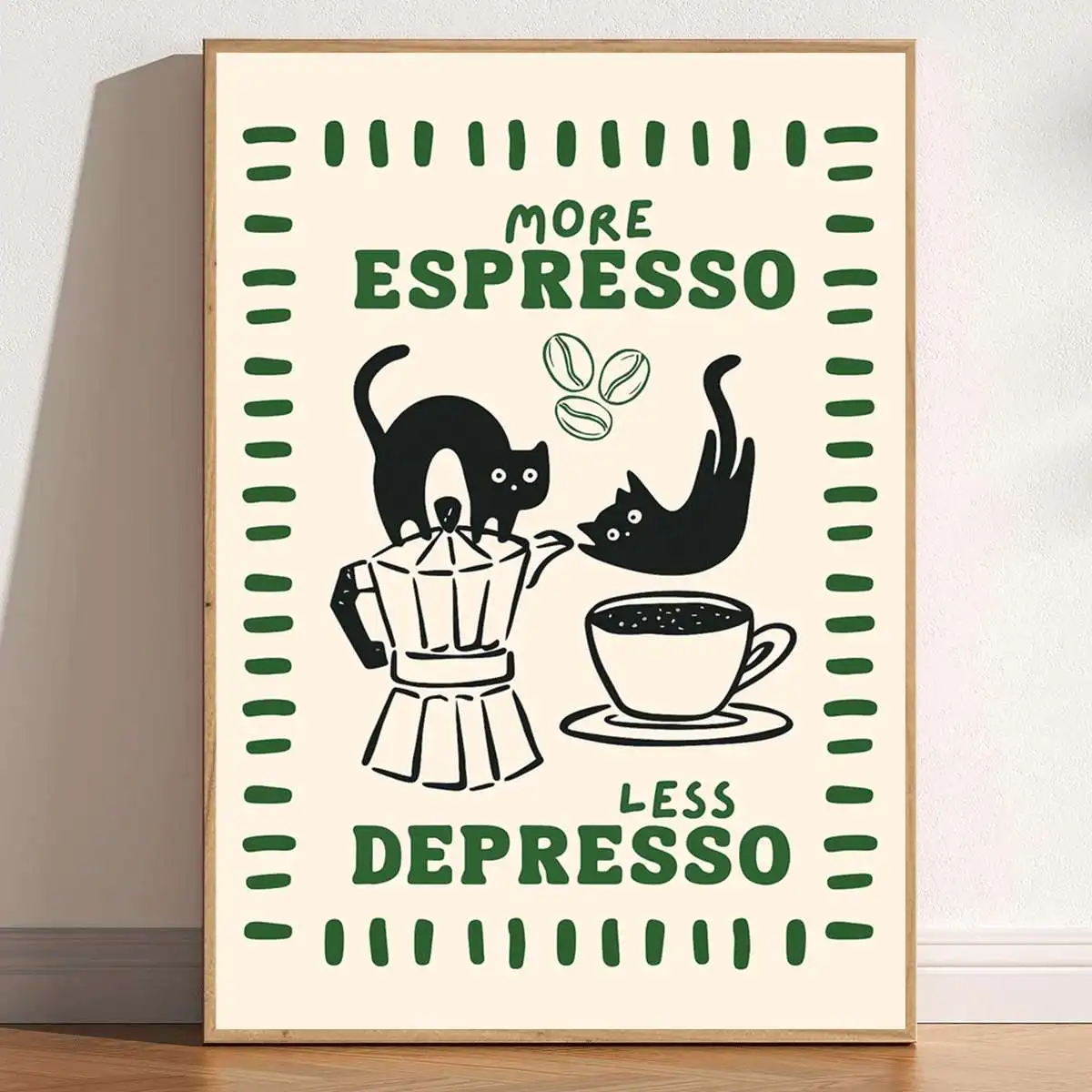 1 Stück lustiges Espresso-Katzen-Leinwand-Wandkunst-Poster, rahmenlose Kaffeebohnen- und Katzen-Drucke als Wandkunst für Café, Küchendekoration Image