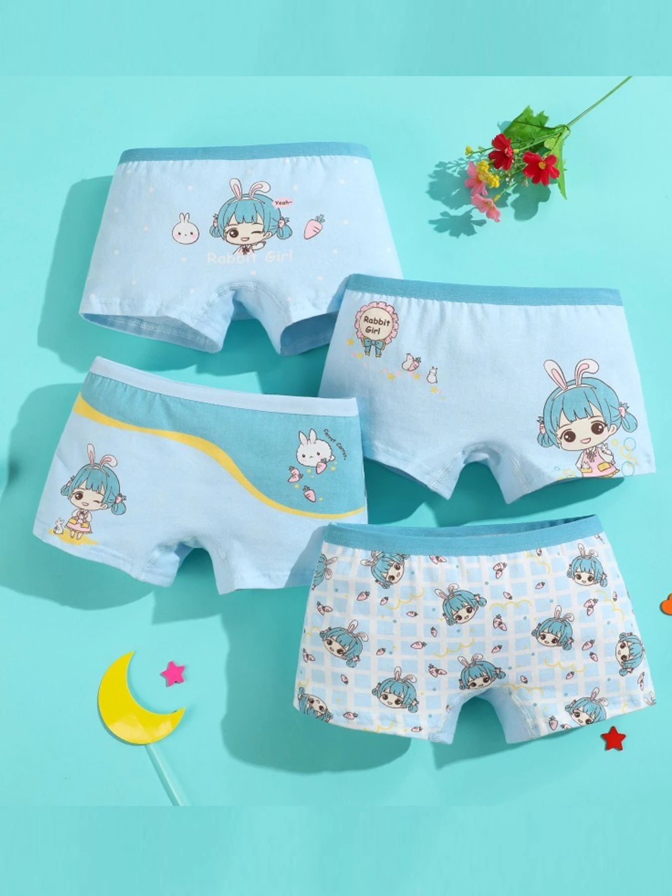 4er-Pack niedliche und bequeme quadratische Unterwäsche, flache Unterwäsche, kleine und mittelgroße Kinderunterwäsche aus reiner Baumwolle. Image