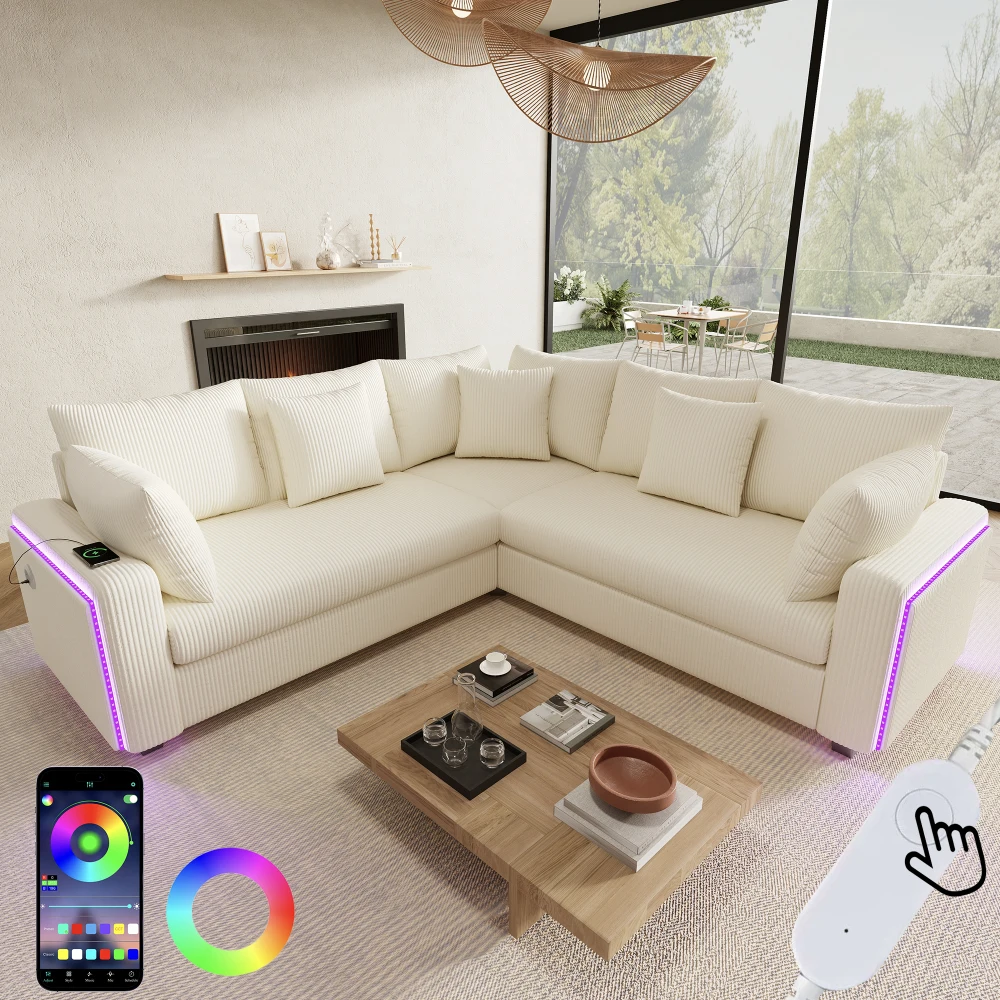 PINGGO L-förmiges Ecksofa mit LED-Licht, USB-Ladefunktion, weichem Cord, beige, modernes Sektionssofa für Wohnzimmer, Schlafzimmer, Wohnung