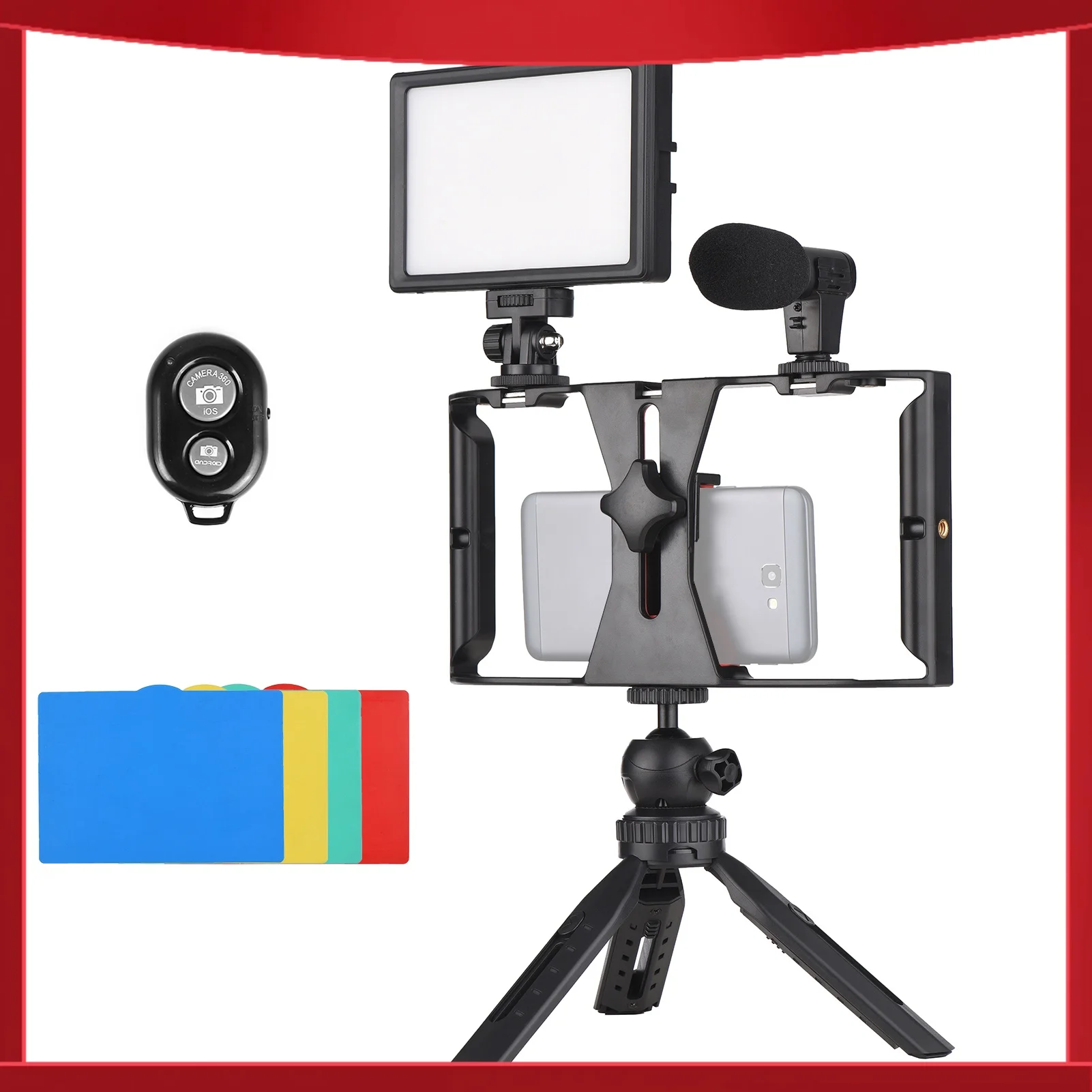 Andoer Smartphone Video Rig Vlog-Kit mit Smartphone-Halterung, Telefonklemme, 3 Cold-Shoe-Halterungen und USB LED-Videoleuchte