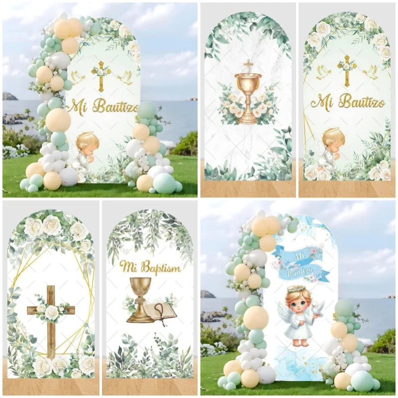 Gott Segne Dich Engel Babyparty Bogenabdeckung Hintergrund Aquarell Grüne Blätter Blumen Kreuz Bibel Dekor Fotografie Hintergrund Requisiten Image
