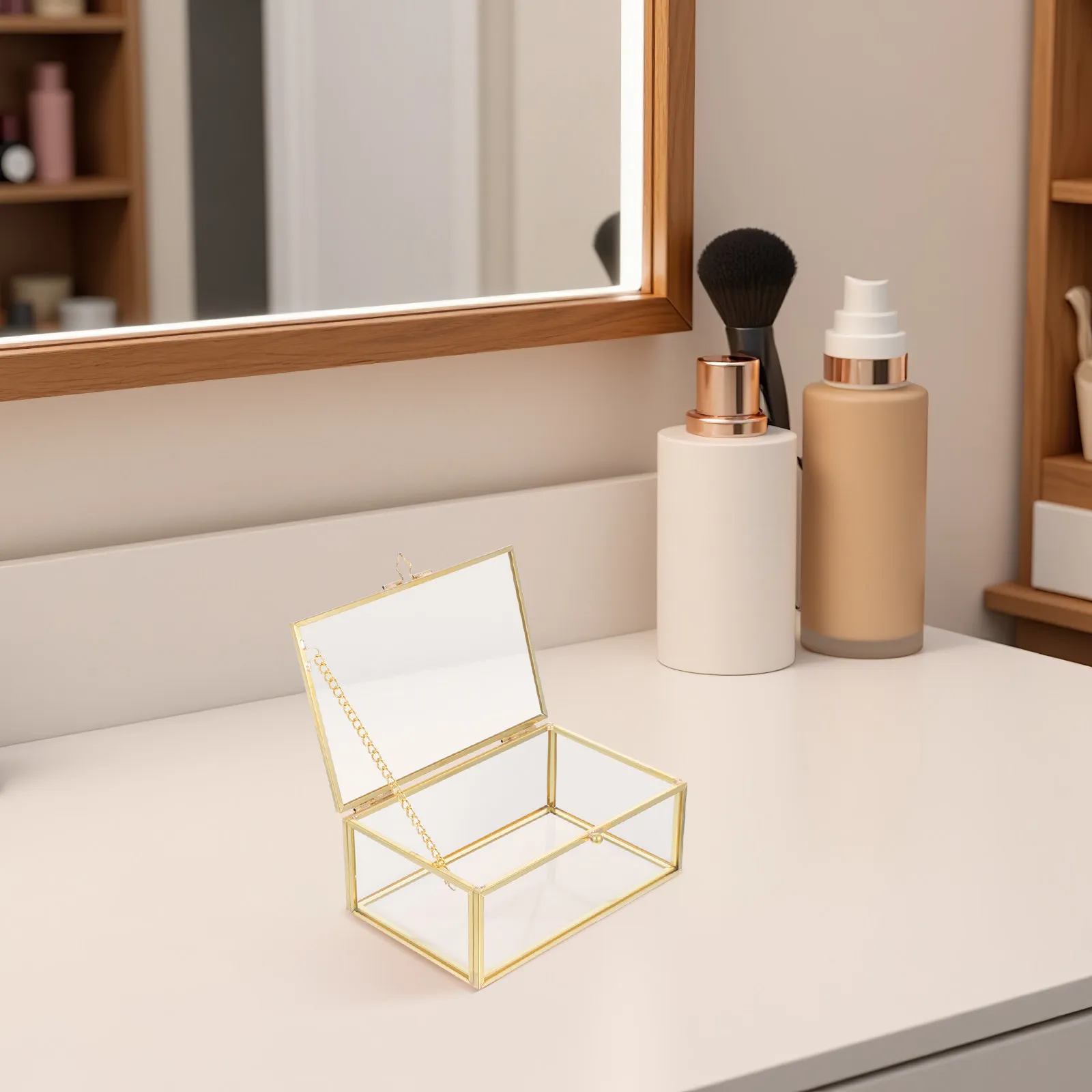 Premium Transparente Glas-Schmuckaufbewahrungsbox mit Luxuriösem Messingrahmen Staubdichter Schminktisch-Organizer für Lippenstifte