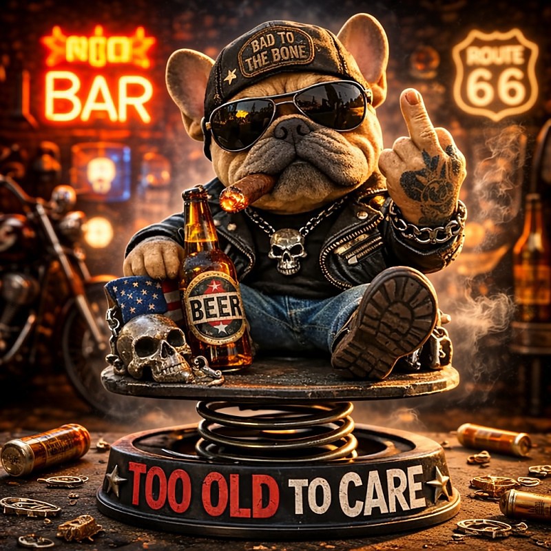 Too Old To Care Dashboard Bobblehead, Handmade Resin French Bulldog Biker Figurine Funny Gift for Dad to Old Man Office Car Decor Gift, Handmade Collectible