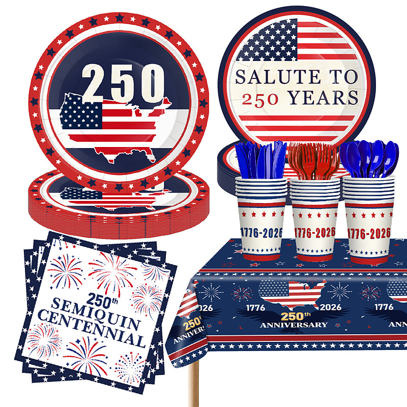U.S. 250th Anniversary Party Disposable Tableware Set – Red, White Blue Plates, Cups, Napkins Tablecloth, Patriotic Independence Day Celebration 1776‑2026