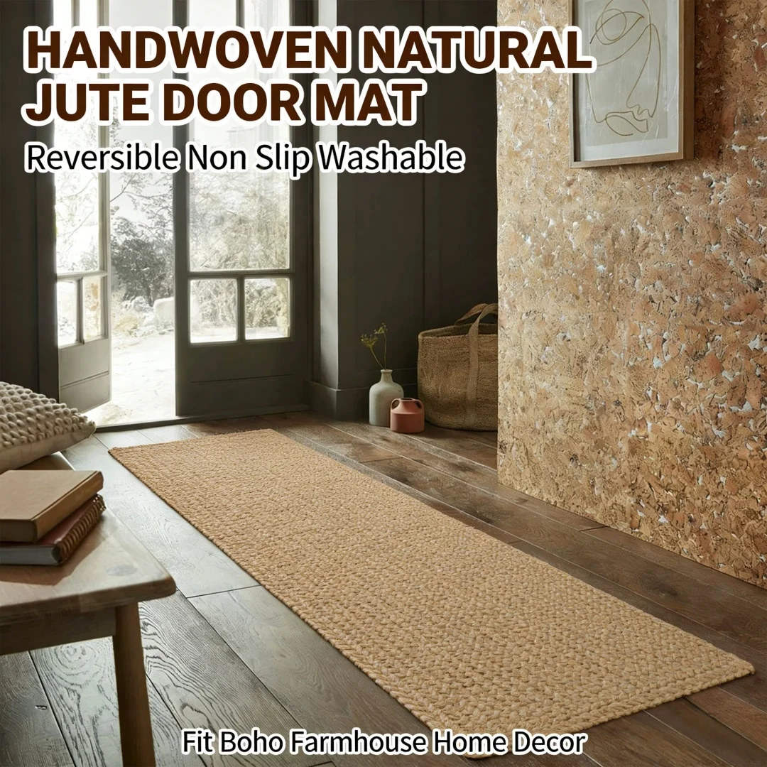 Premium Handwoven Natural Jute Rug Reversible Non-Slip Washable Boho Farmhouse Floor Mat for Entrance Kitchen Bathroom Bedroom
