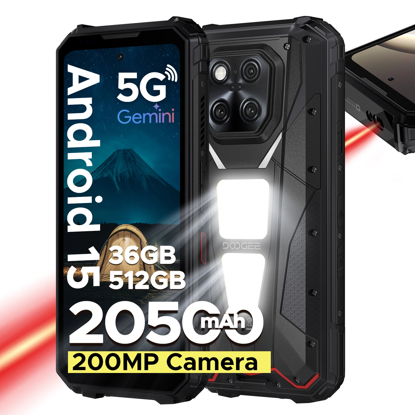 DOOGEE V Max LR 5G Outdoor-Smartphone mit Laser-Entfernungsmesser, Doppel-Campinglampe, 16GB RAM, 512GB ROM, 6,78'' Display, 20500mAh Akku