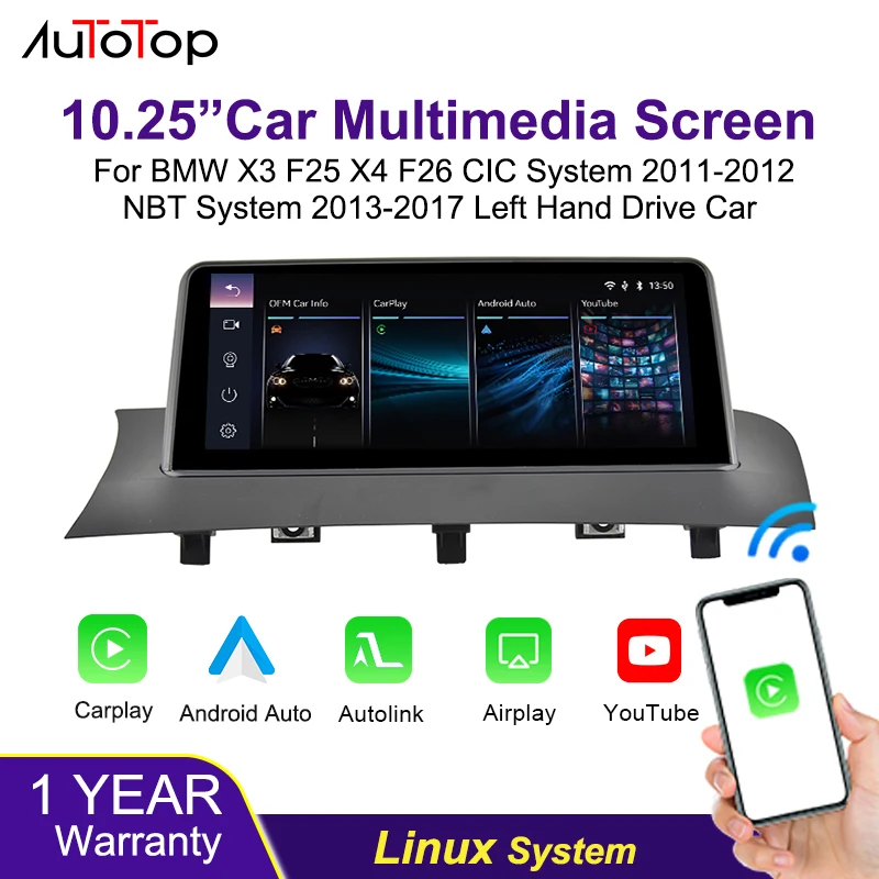 AUTOTOP 10,25 Zoll Linux Wireless Carplay Android Auto Multimedia-Touchscreen für BMW X3 F25 X4 F26 2011-2017 CIC NBT System Image
