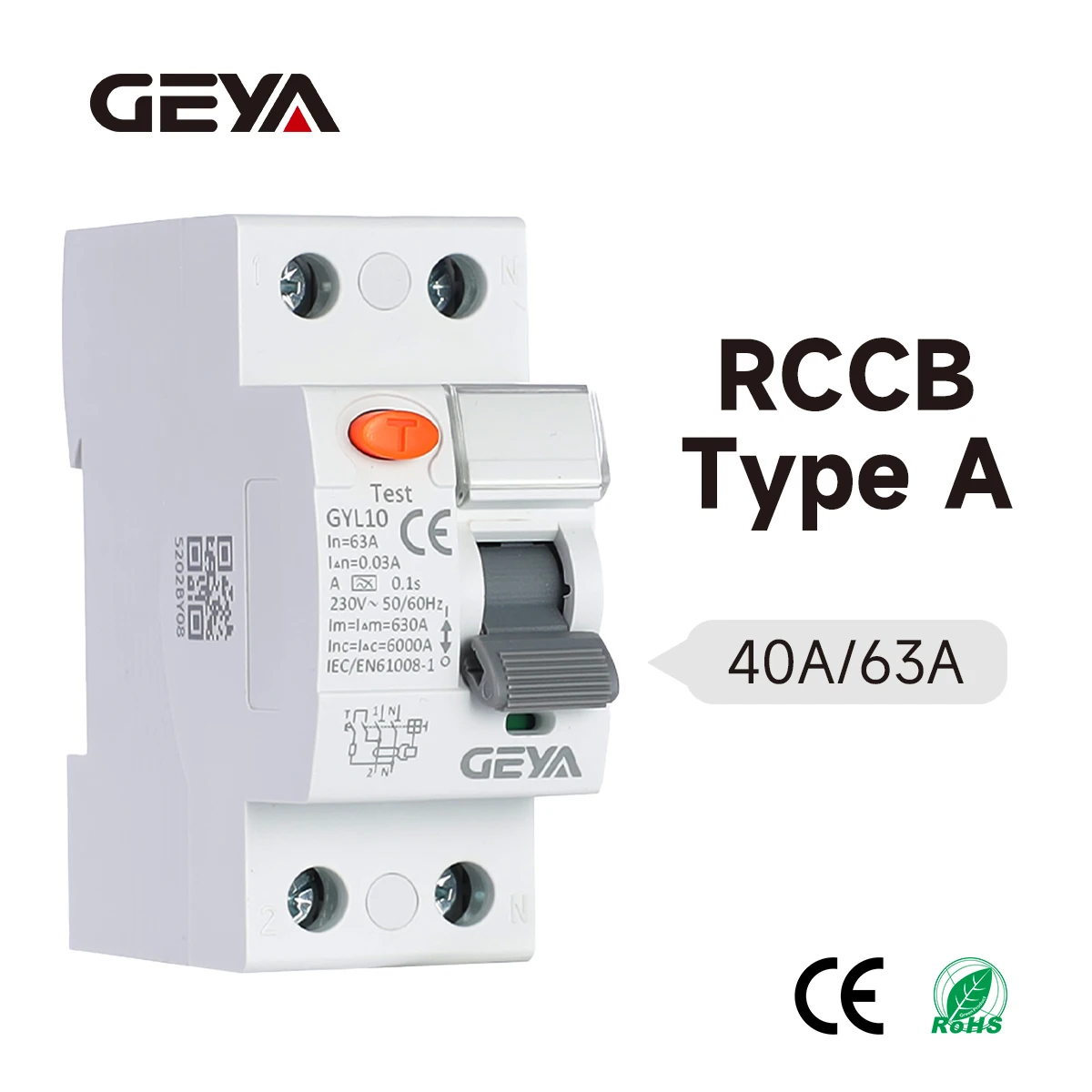 GEYA Typ A RCD RCCB Elektromagnetischer Fehlerstromschutzschalter Überlast-Leckageschutz 2P 30mA 6KA 40A 63A 230V MCB Image