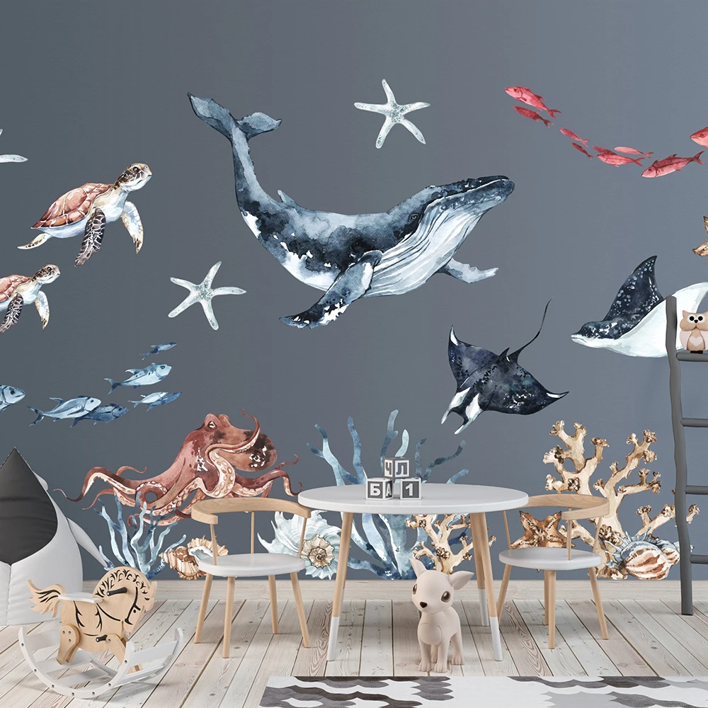 Großer Aquarell Ozean Tier Wandaufkleber Kinderzimmer Kinderzimmer Schildkröte Oktopus Wal Fisch Wandtattoo Schlafzimmer Spielzimmer Vinlyl Dekor