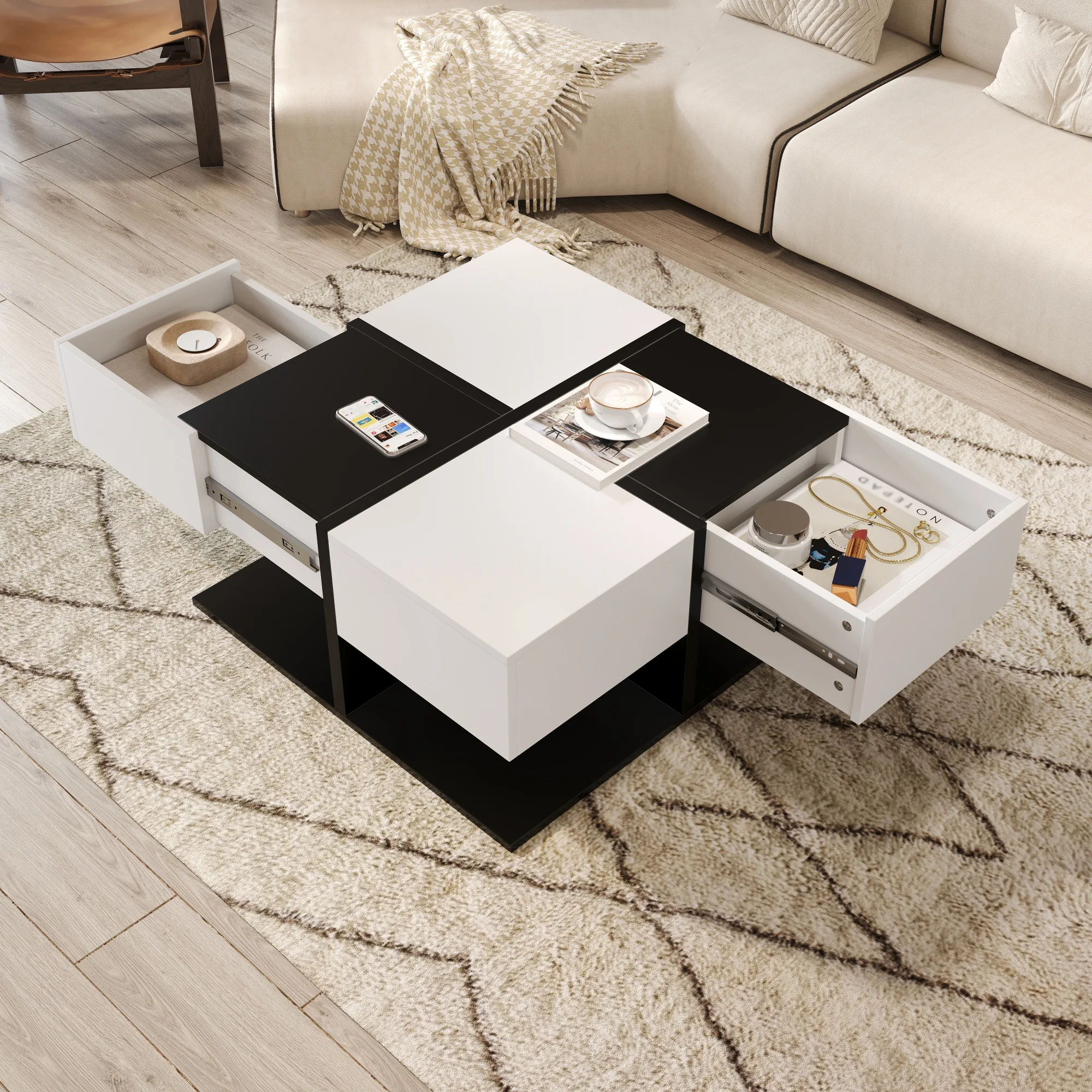 Quadratischer Hochglanz-Couchtisch mit 2 Schubladen, Schwarz/Weiß