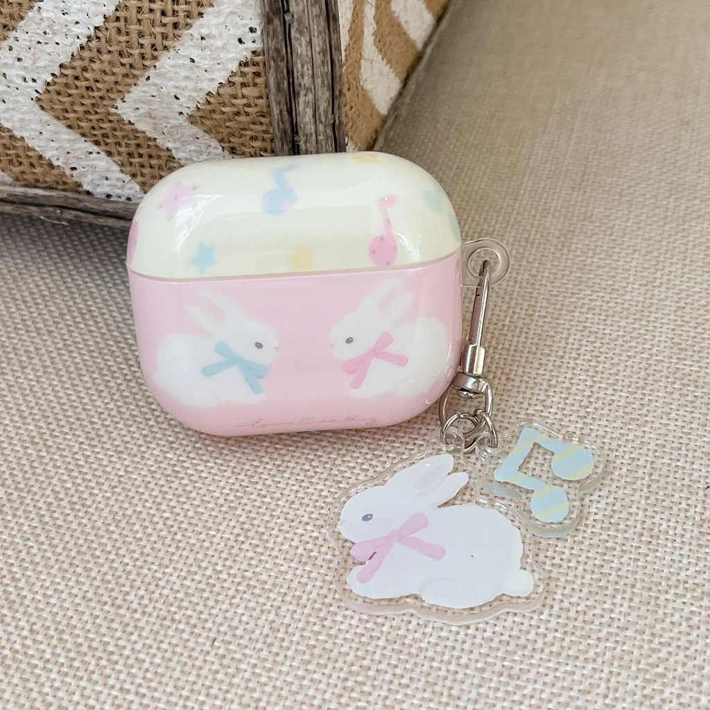 Modische Rosa Schleife mit Hasen-Anhänger Glänzende Oberfläche Kopfhörer-Schutzhülle für AirPods 2 3 4 Pro Pro2 Pro3 Image