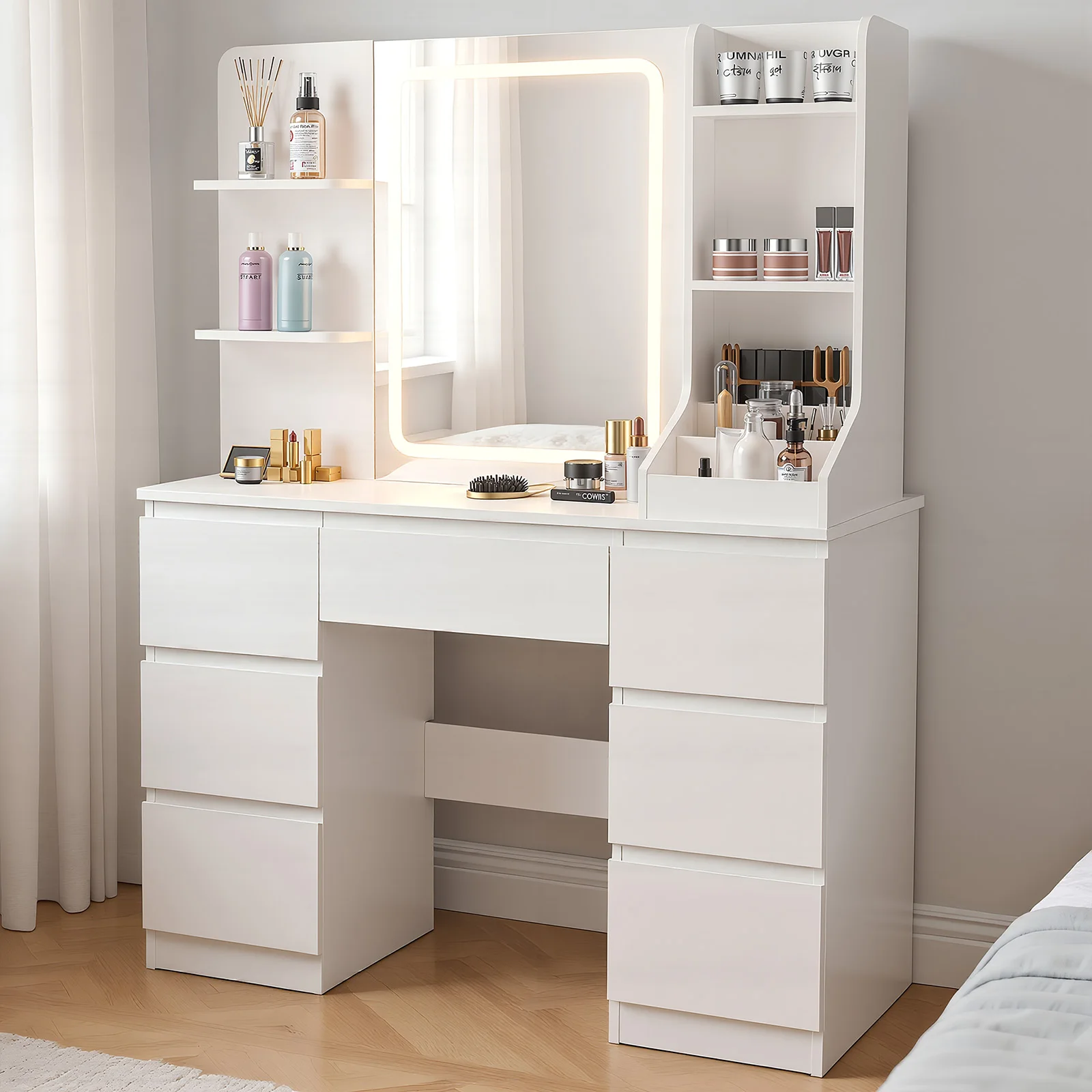 Schminktisch mit Spiegel und verstellbaren LED-Leuchten, Schminktisch, Schminktisch mit 4 Regalen und 6 Schubladen, große Schublade, weiß Image