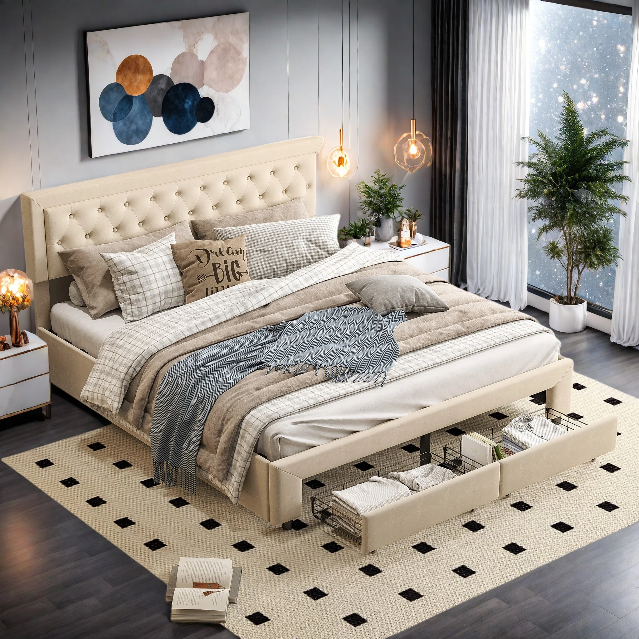 Polsterbett Doppelbett 180x200 cm, Stauraumbett Bettgestell mit Schubladen und Stauraum, Jugendbett Rückenlehne mit Hydraulisches Metallrahmen und Lattenrost, Samt, Beige