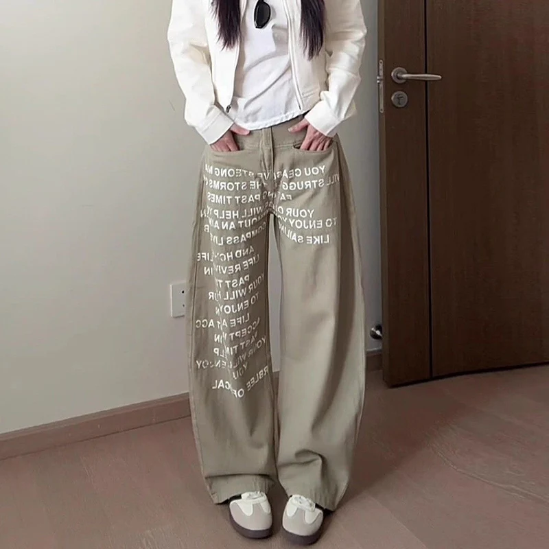 Mädchen High-Waist Casual Jeans Weite Beine Bequeme Denim-Hose Damen Mode Khaki Buchstaben-Bedruckte Hose Image