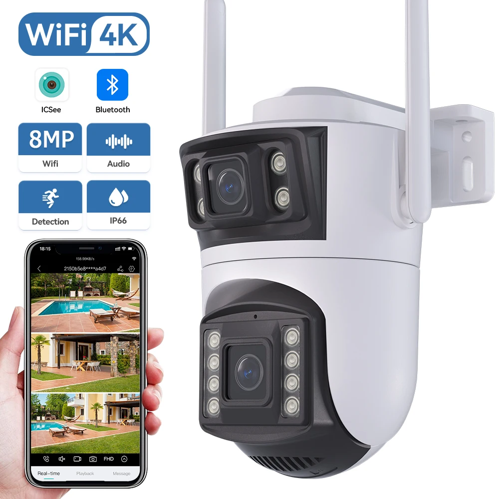 4K HD 8MP Dual Lens Überwachungskamera Outdoor Wireless WiFi Wasserdicht CCTV AI Menschliche Erkennung Auto Tracking Zwei-wege Audio iCsee Image