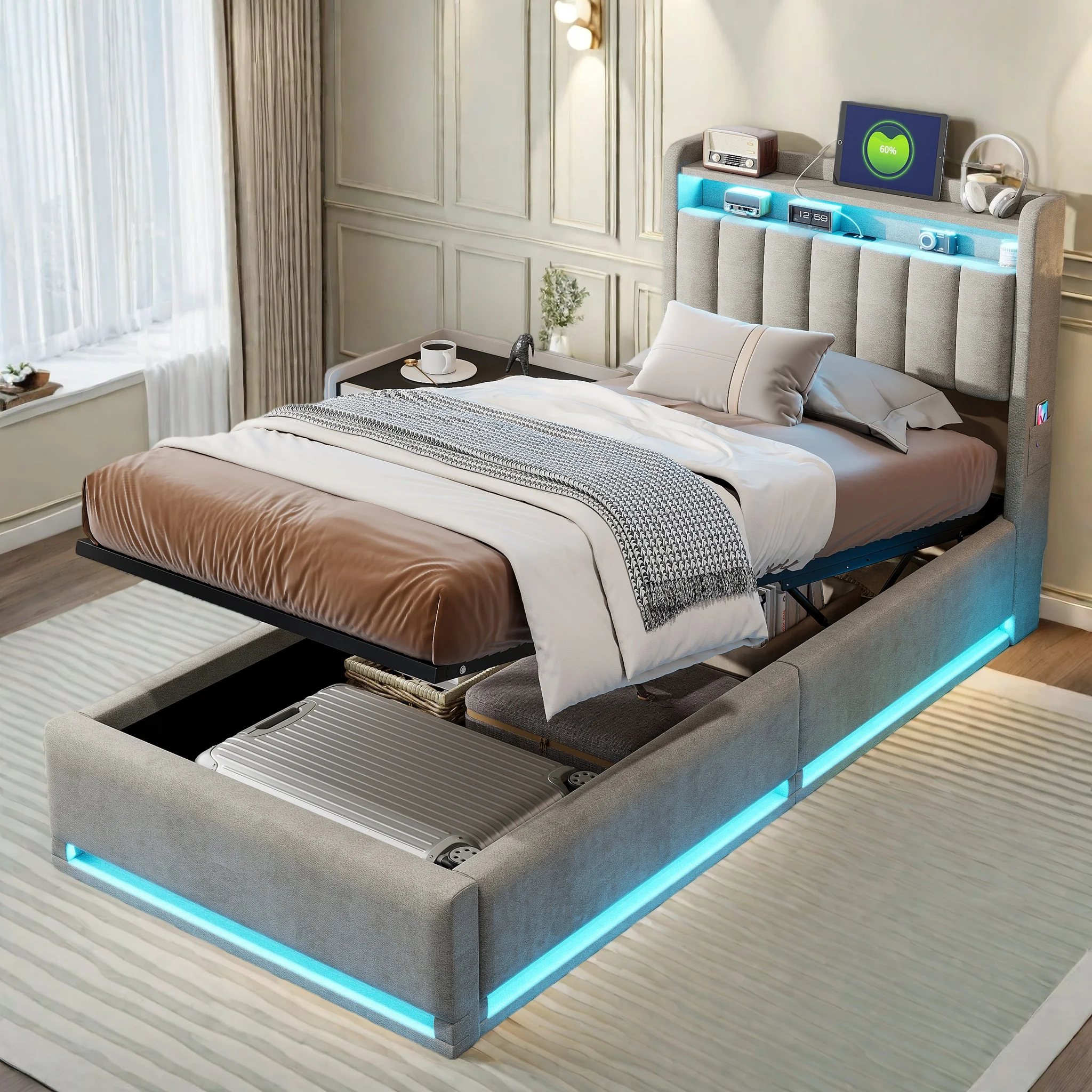 Rosahqnda Polster-Doppelbett 90x200cm mit Stauraum im Kopfteil und hydraulischem Stauraum, Einzelbett mit LED und USB-Ladefunktion Image