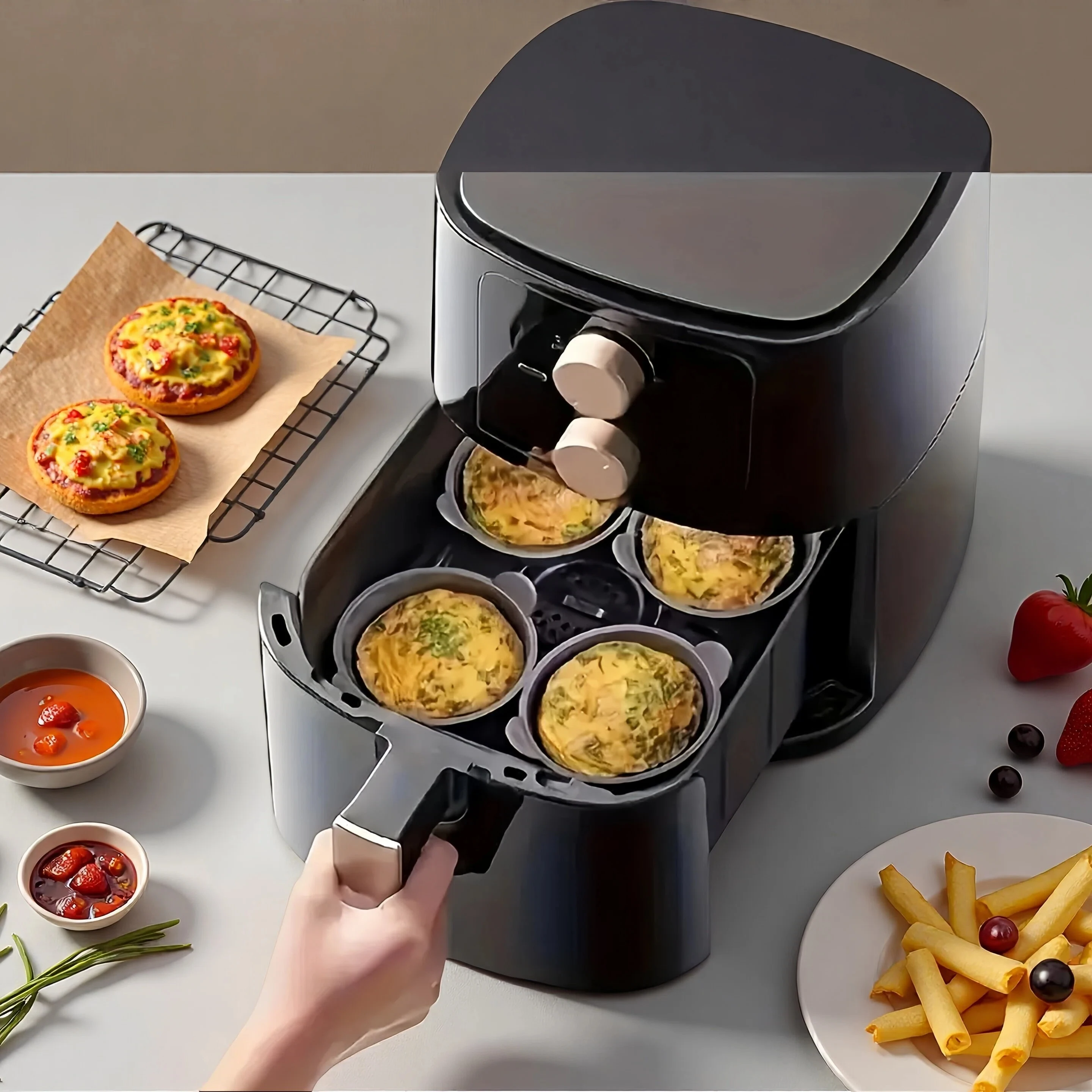 Silikon-Eierpochierer für Heißluftfritteusen, Silikon-Cupcake-Backförmchen, Ramekins für Heißluftfritteusen, Silikonkorb für Heißluftfritteusen Image