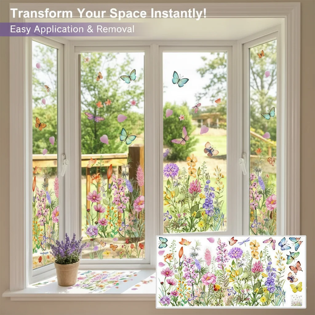 Doppelseitige Bunte Blumen & Schmetterlinge Wandaufkleber Elektrostatische Aufkleber für Fensterglas Dekorative Sichtbare Wandtattoos