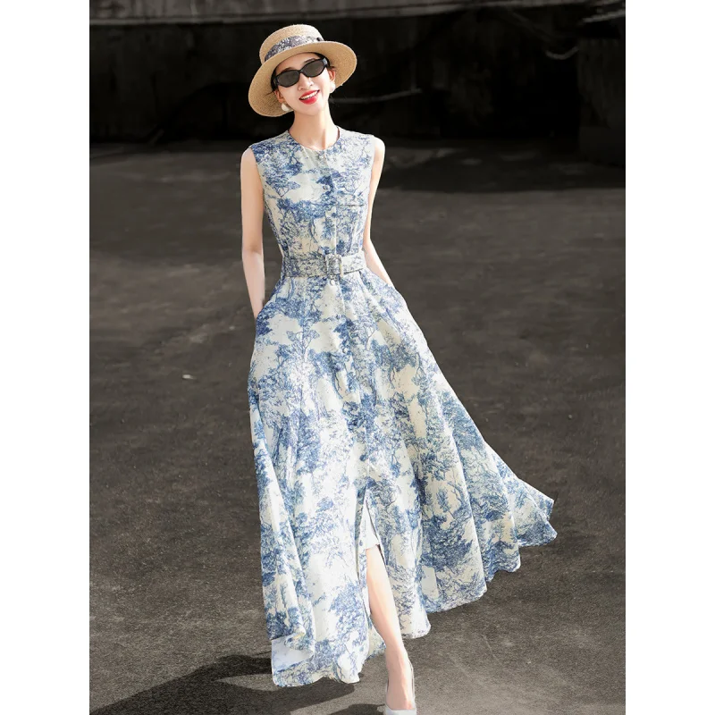 MEXCOCO 2026 Sommer-Landschaftsdruck Ärmelloses Maxikleid Rundhals Einreihig Gürtel an der Taille Geschlitzter Saum Elegantes Damen-Outfit Image