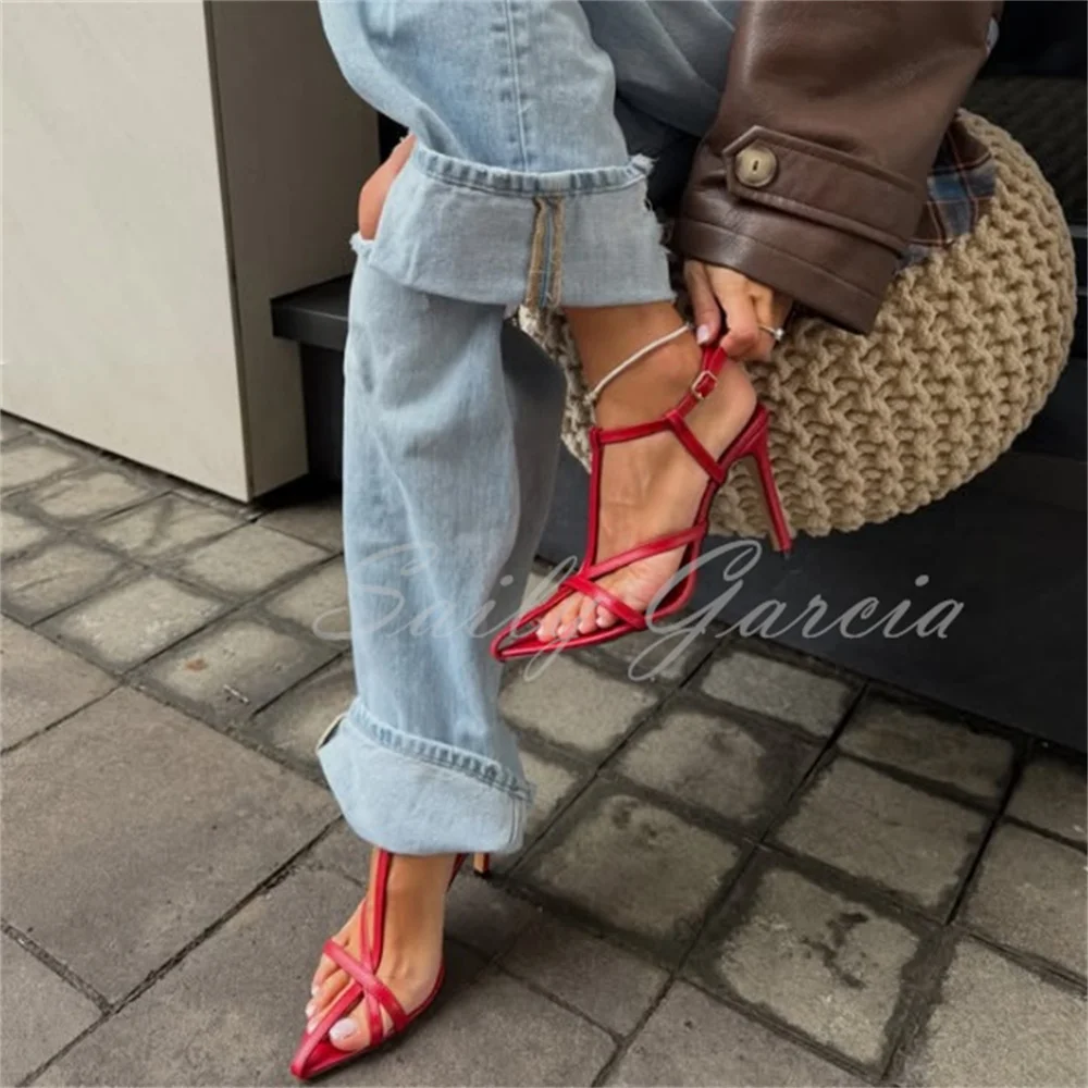 Rote spitze Riemchensandalen für Damen, offene Zehenpartie, sexy Stilettos, Leder-Schnallenriemen, Slingback, elegante Abend- und Partykleider-Schuhe Image