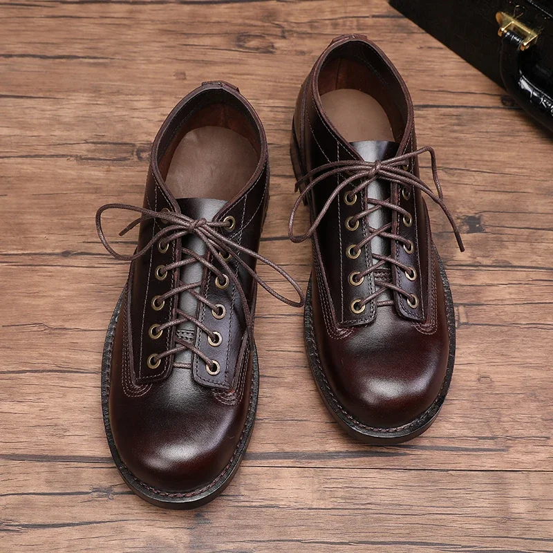 Vintage Lace-Up Neue Echtes Leder Plattform Männer Schwarz Rot Stiefeletten Kleid Arbeit Casual Stiefel Image