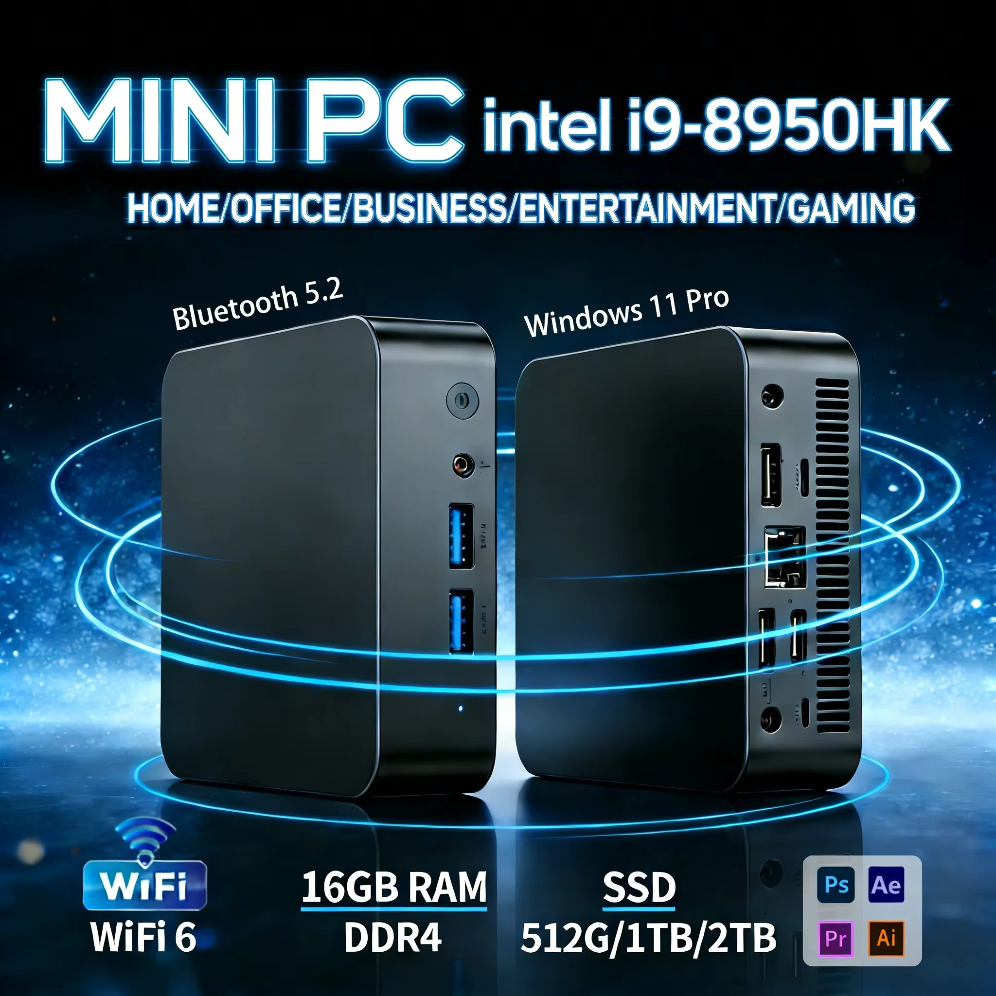 MINI Computer Windows 11 Intel Core i9 8950HK 16GB RAM 1TB SSD WIFI 6 BT5.2 4K HD Mini Gaming office study Pc
