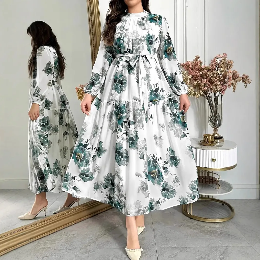 Eid Damen Abaya Partykleider Jalabiya Kaftan Marokko Islam Kleider Bedrucktes Kleid mit Schnürung Ramadan Muslim Dubai Arabisches Langes Gewand Image