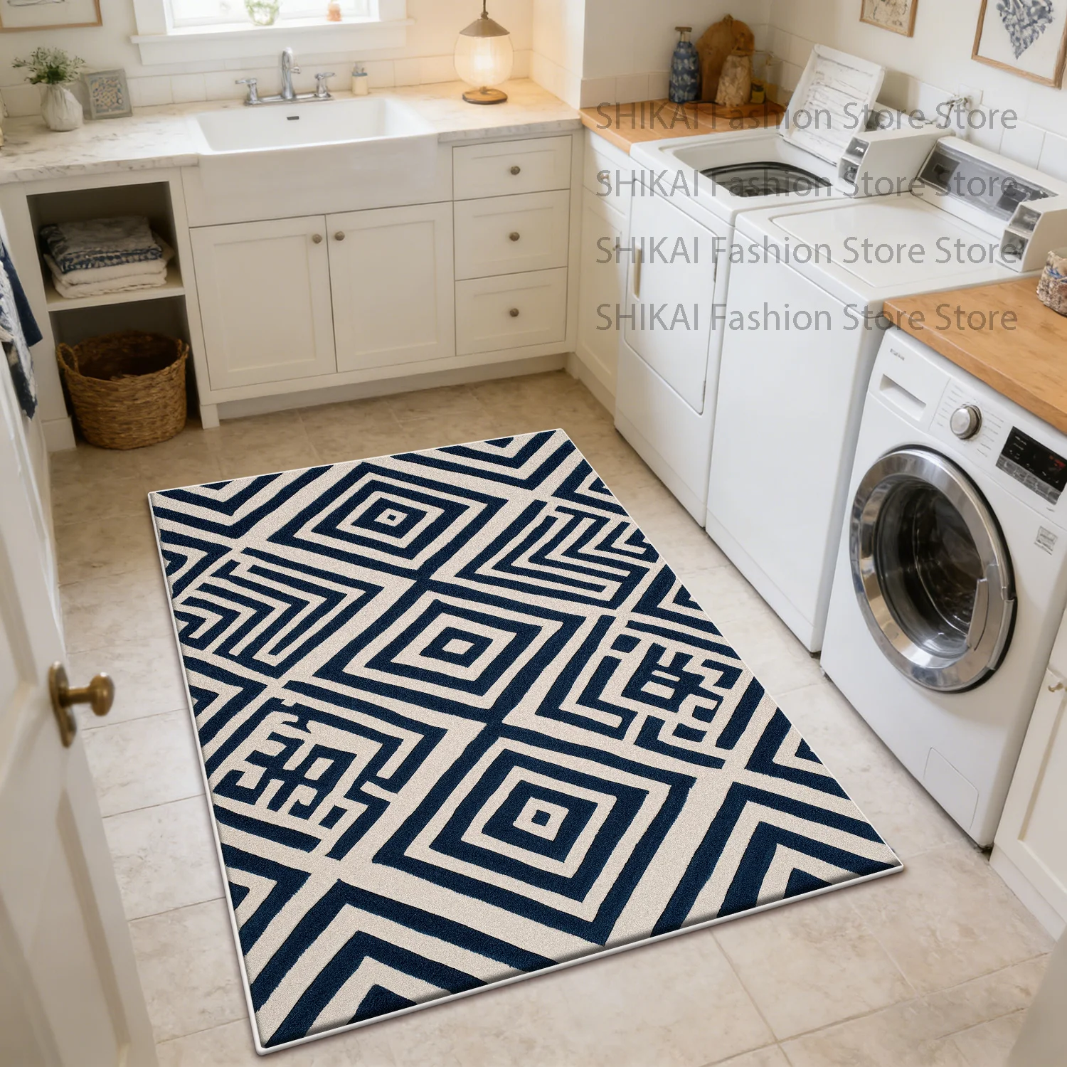 Blauer Moderner Geometrischer Teppich für Große Wohnzimmer, Waschraum-Dekoration, Rutschfester Flauschiger Teppich, Pflegeleichte Kurzflor-Bodenmatte Image