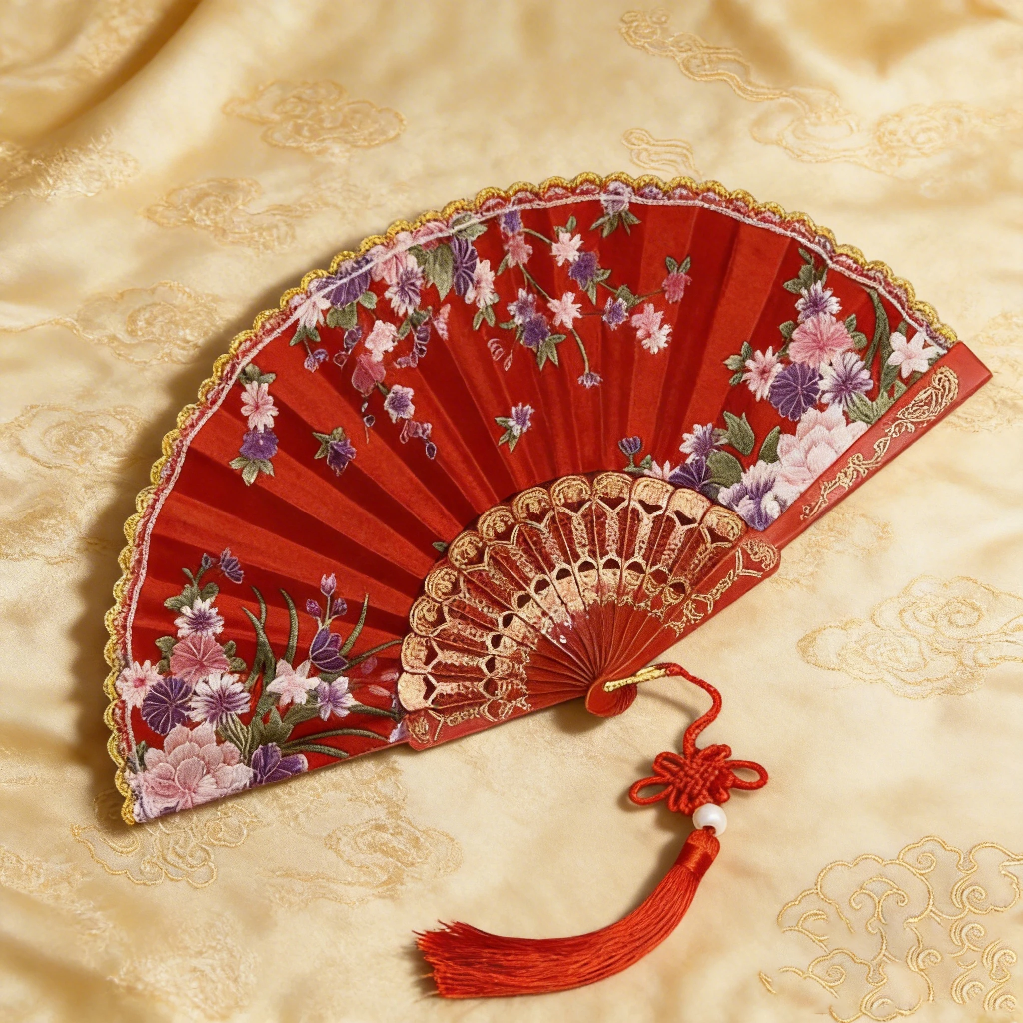1 Stück roter, blumenbedruckter, faltbarer Handfächer im antiken chinesischen Stil mit Quaste für Damen, Hochzeitstanz und Frühlings-/Sommerdekoration. Image