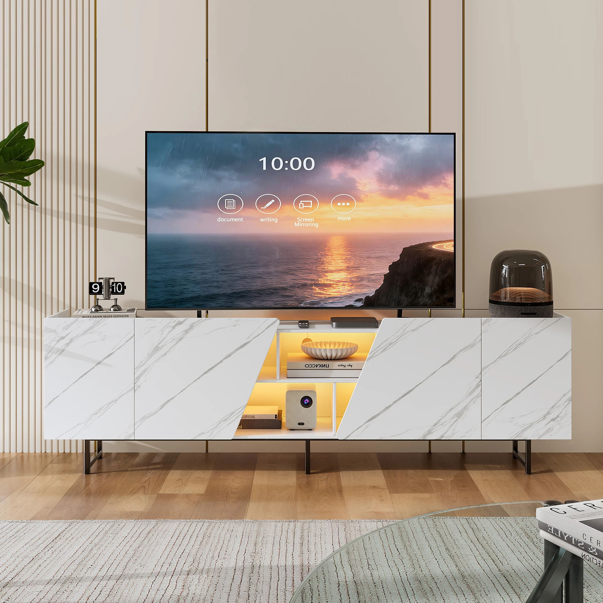 TV-Möbel, Länge cm, weißer Marmor mit LED-Beleuchtung, 4 Türen und 8 Staufächer, modernes TV-Möbel aus Holz