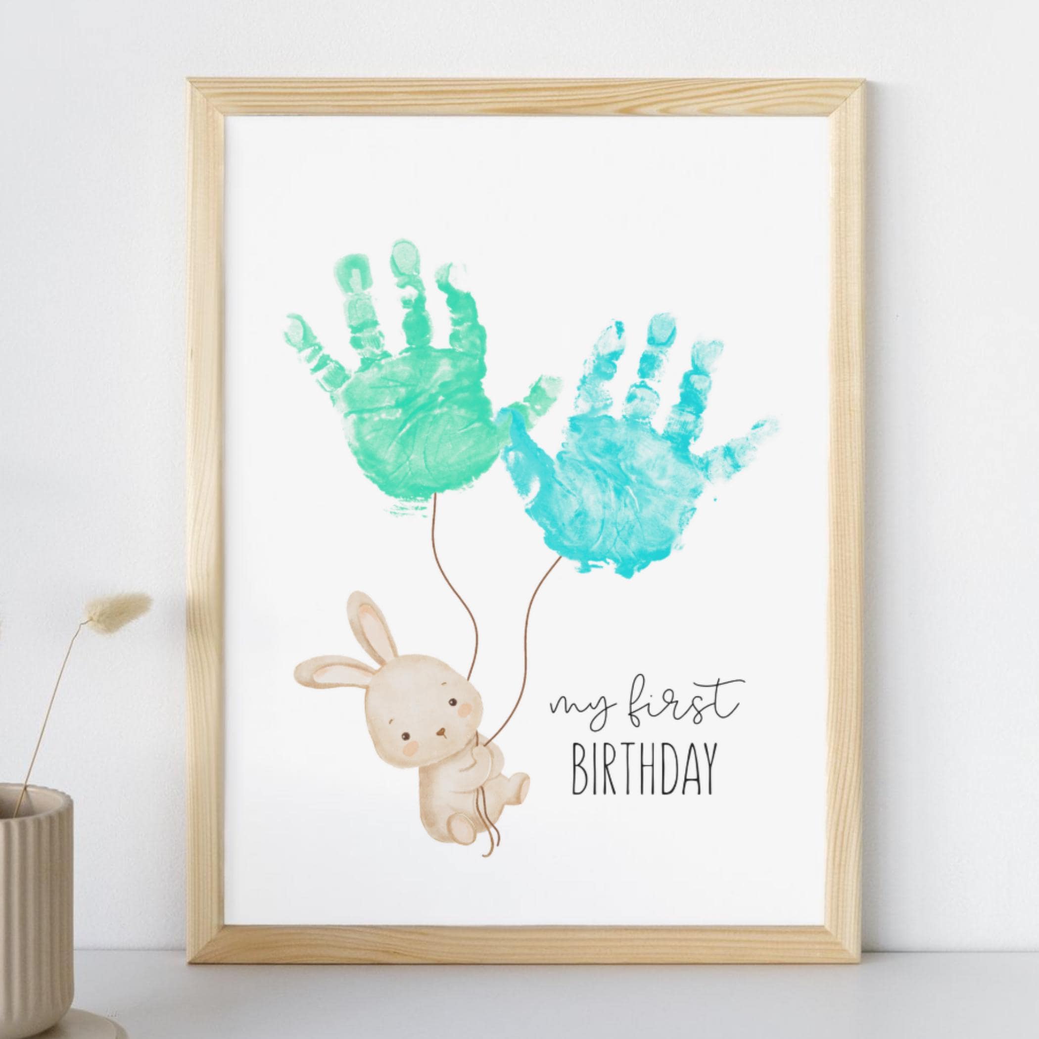 Il mio primo lavoretto di compleanno con l'impronta della mano, ricordo artistico del primo compleanno, coniglietto artistico con l'impronta della man