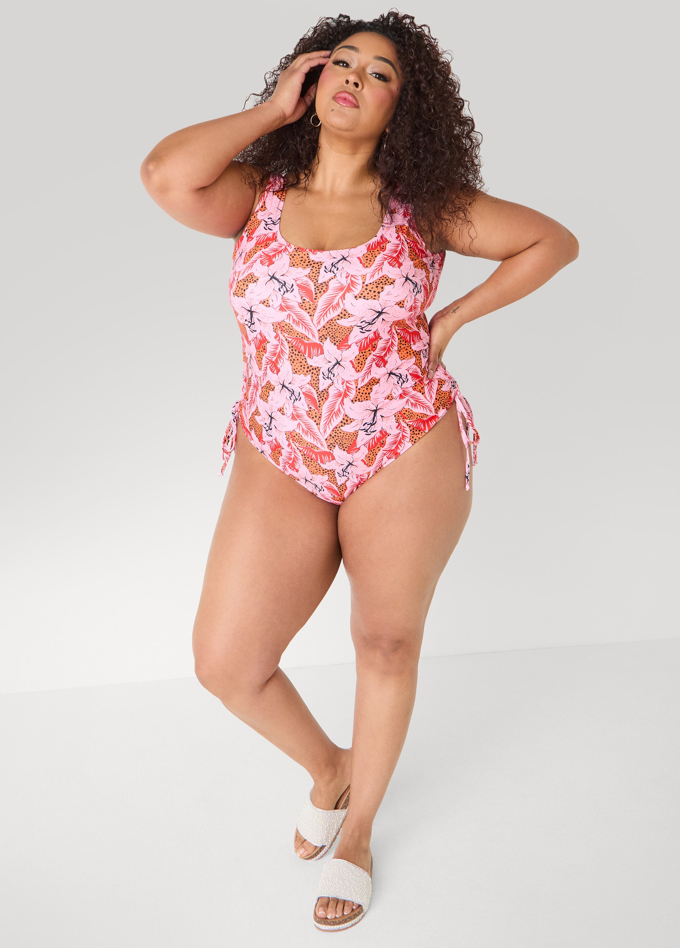 Plus Size Floral Drawstring Swimsuit