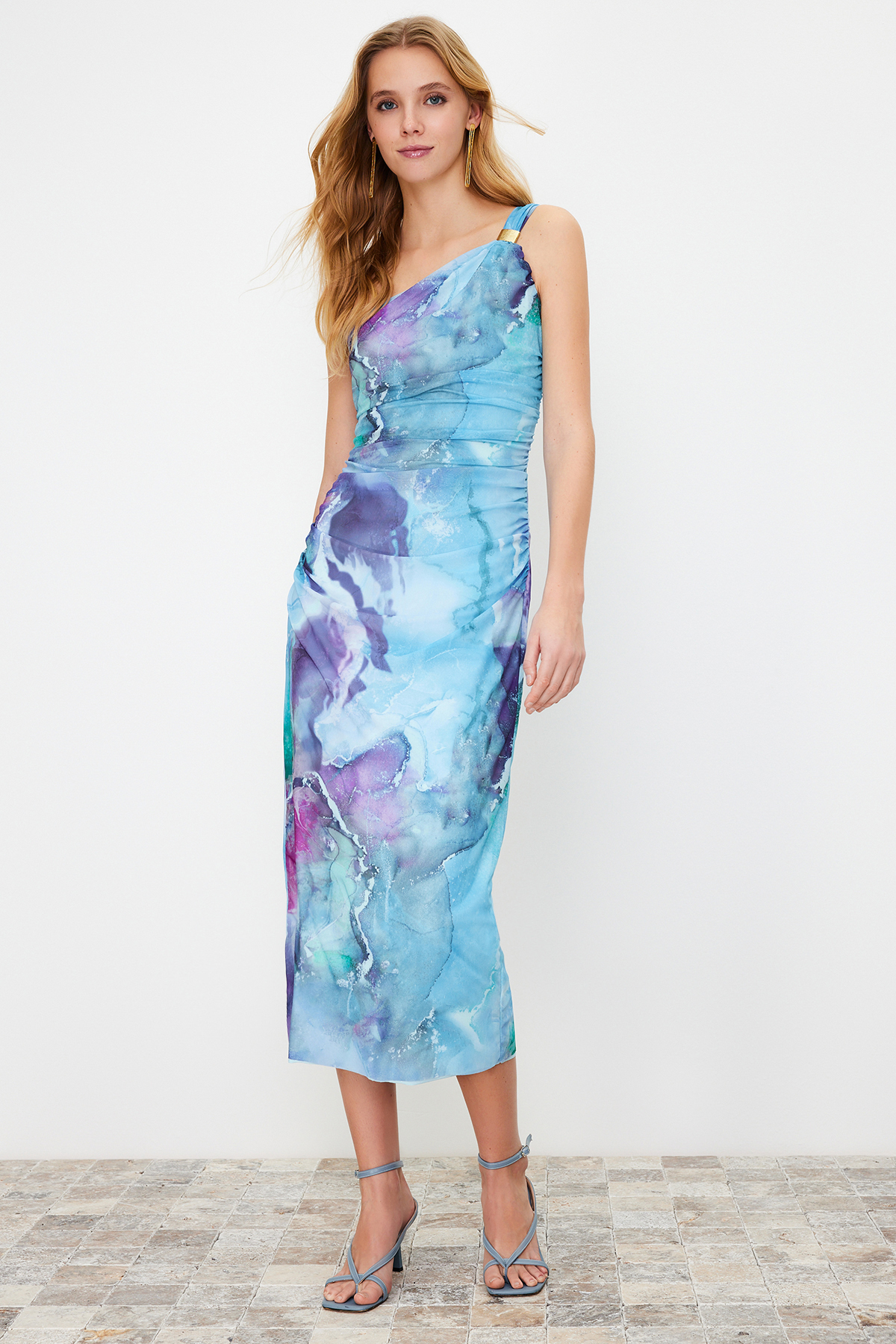 Abstraktes Midi-Kleid für Damen mit One-Shoulder-Ausschnitt, lässig, figurbetont