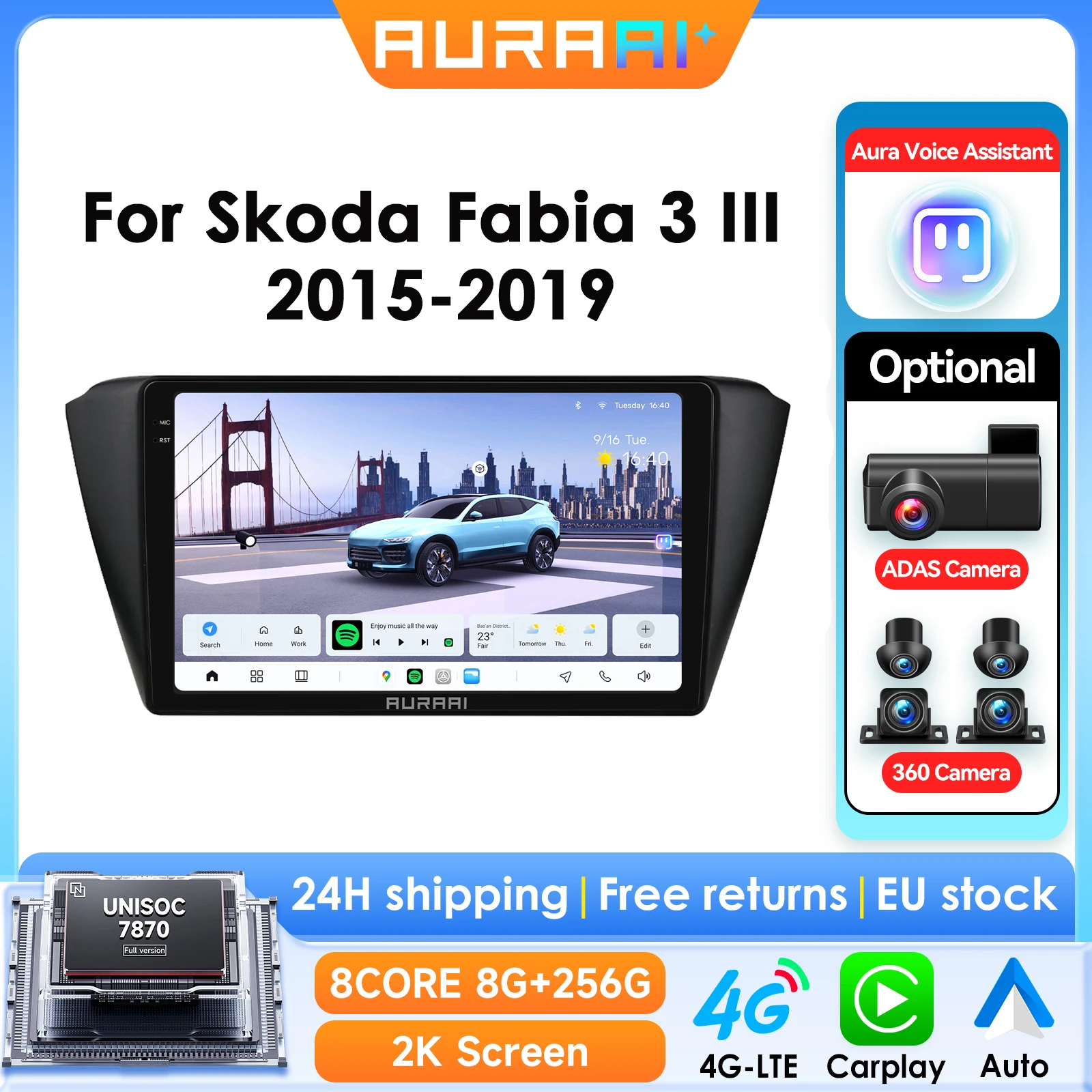Autoradio Intelligente Android 13 8G 256G ARAI per Skoda Fabia 3 III 2015-2019 con GPS, CarPlay, ADAS, DSD, Telecamera 360, Schermo 2K 3D 7870