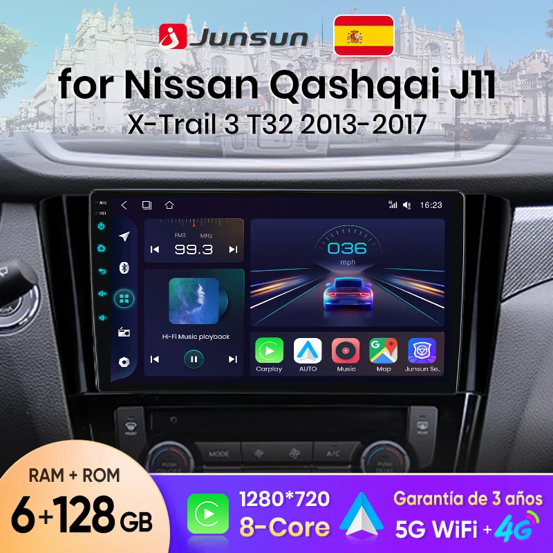 Autoradio Junsun Wireless CarPlay Android Auto per Nissan Qashqai J11 X-Trail 3 2013-2017 Sistema Intelligente per Auto Versione Spagnola