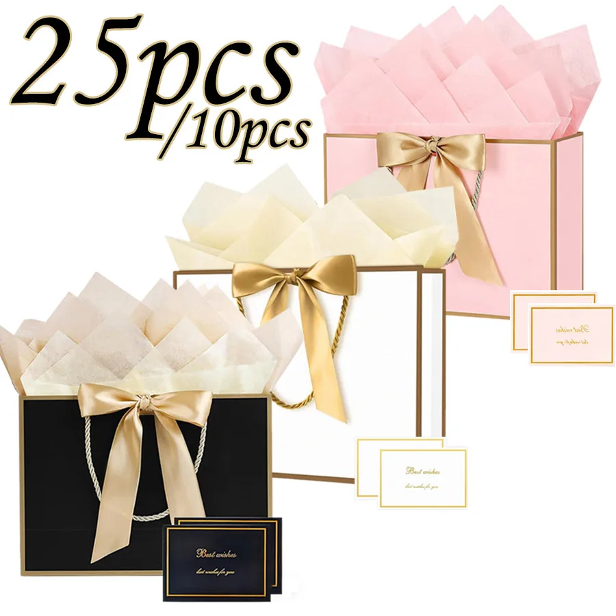 25/5 pezzi. Set di sacchetti regalo neri/bianchi/rosa, 11''x7.87''x4'' di medie dimensioni, 1 set = 5 pezzi = (scatola regalo + biglietto + carta velina + fiocco di nastro)