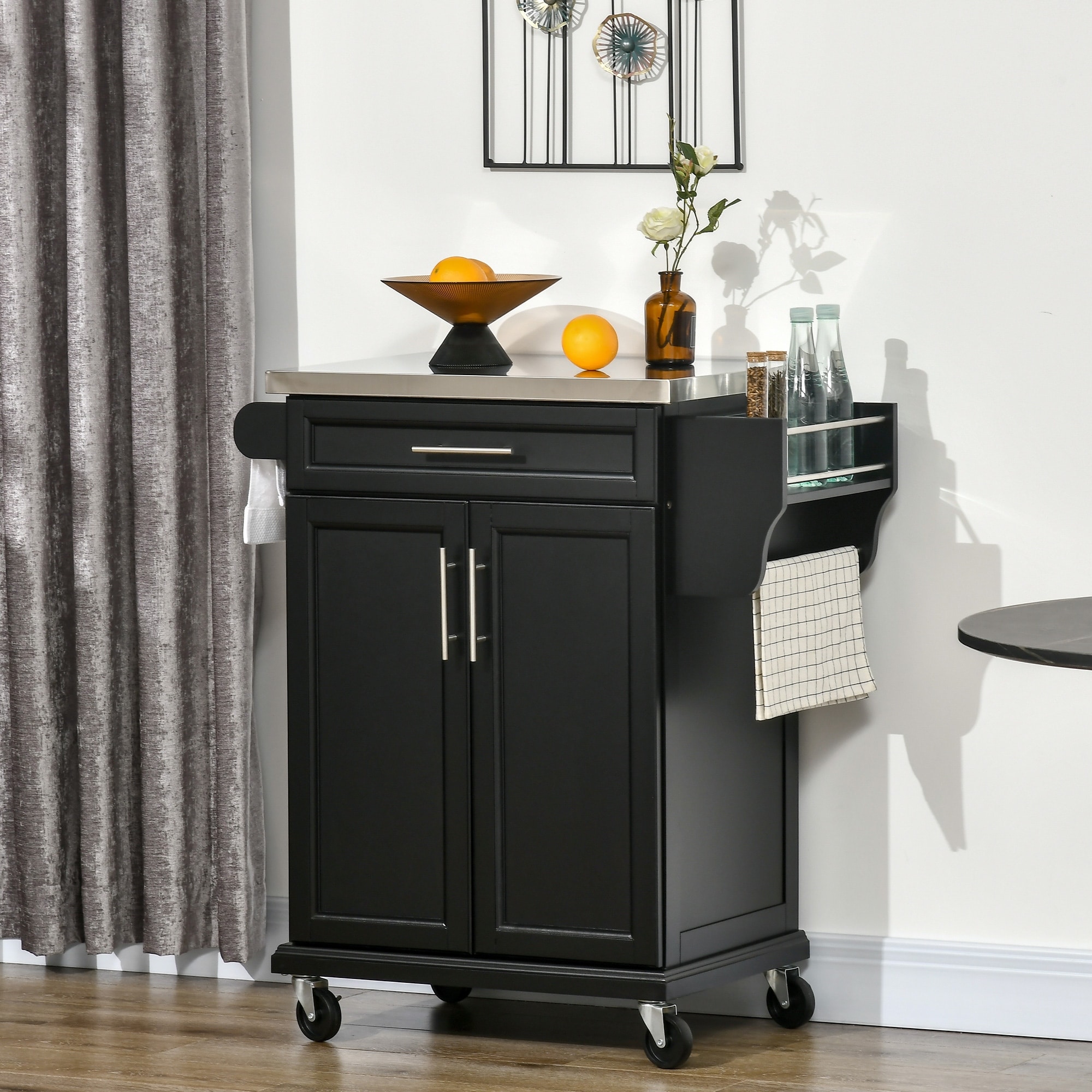 Kitchen Island with Drawer & Cabinet, Rolling Kitchen Cart Mobile Kitchen Island with 4 Wheels & Towel Rack